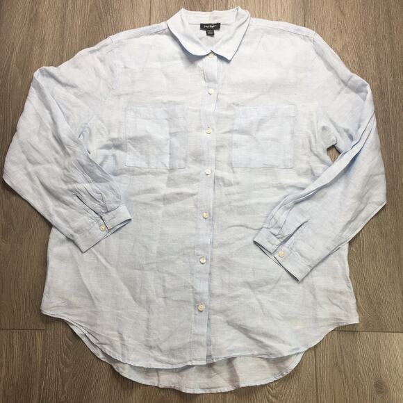 Lord & Taylor 100% Linen Hi Low Button Down Shirt Long Sleeve Light Blue XL - Picture 2 of 8
